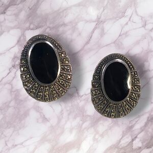 Vintage TJT 925 Sterling Silver Marcasite & Black Onyx Oval Earrings Art Deco